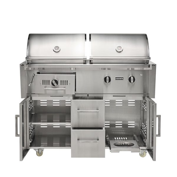 Coyote Outdoor Living 50 Inch Hybrid Gas and Charcoal Grill On Cart Doors and Drawers Open