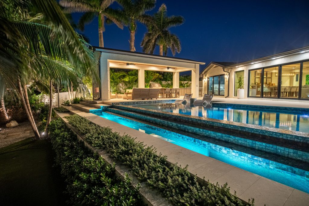 Custom Pool Cabana Shade Structure With Fireplace and Outdoor Kitchen Builder Pasadena Florida WEB