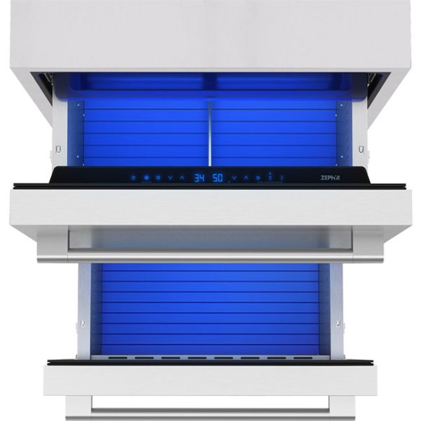 Zephyr Presrv 24 Inch Undercounter Outdoor Dual Zone Refrigerator Drawers Blue Lights