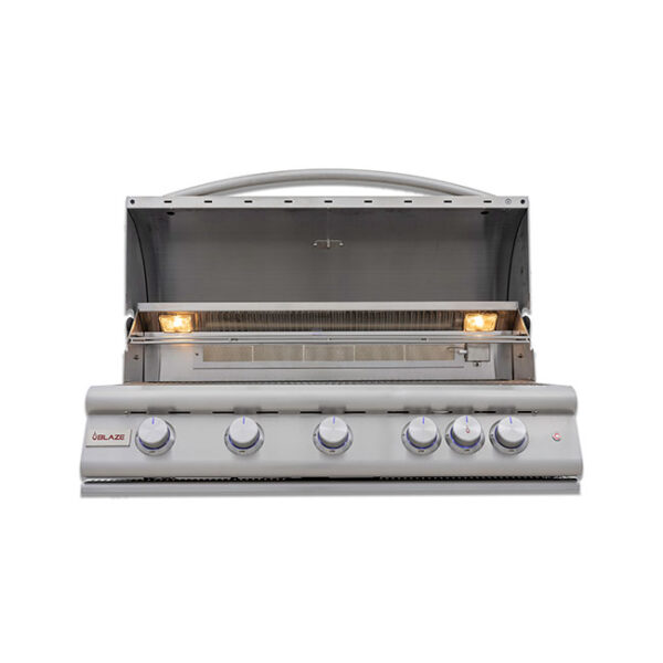 Blaze Grills 40 Inch LTE Plus 5 Burner Premium Gas Grill Lights Lid Open Rotisserie Burner