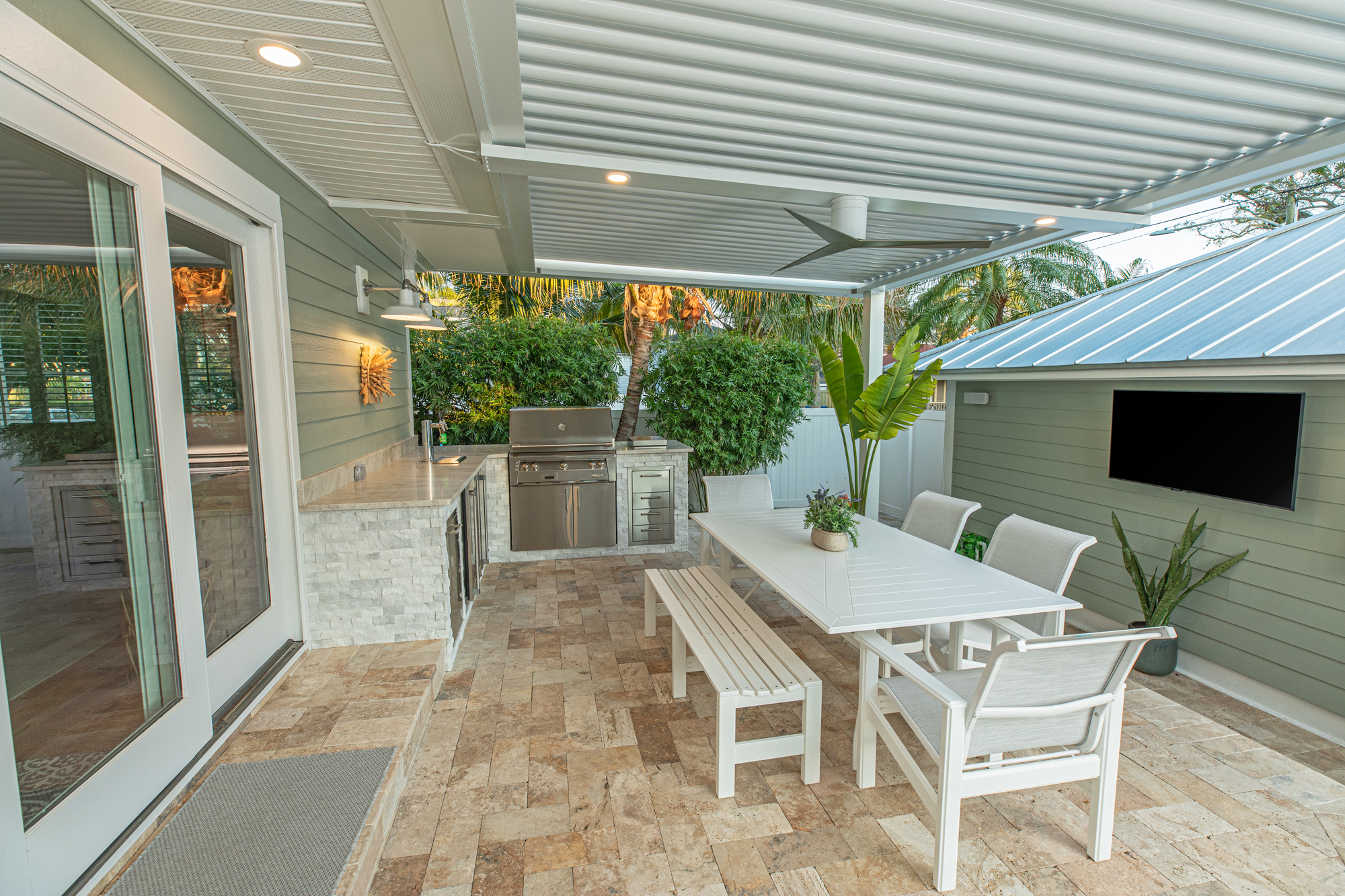 Custom Stone Outdoor Kitchen With Gas Grill Fridge and Keg St Petersburg Florida WEB