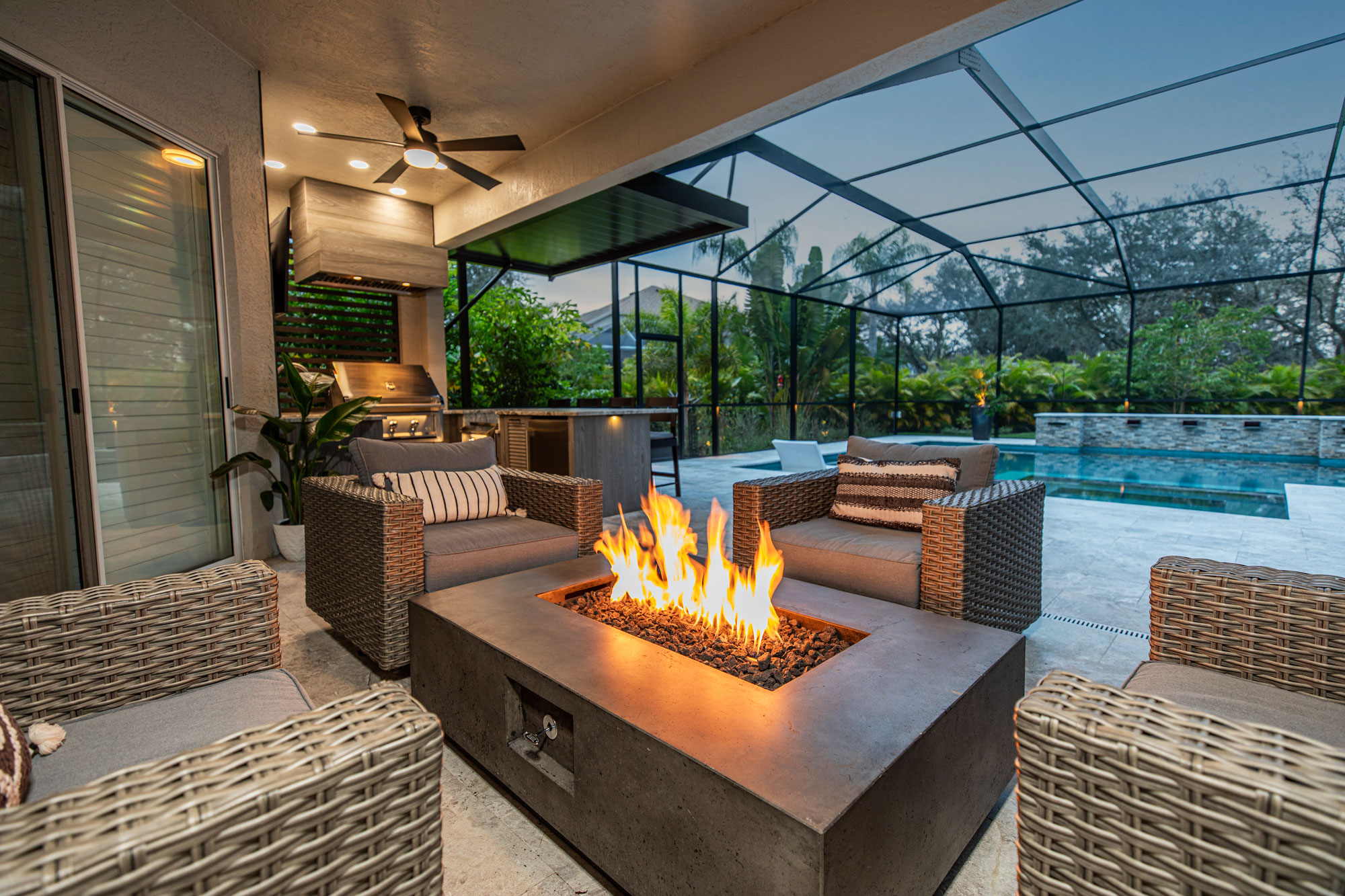 Gas Fire Pit Seating Area and Outdoor Kitchen Installed Tampa Florida WEB