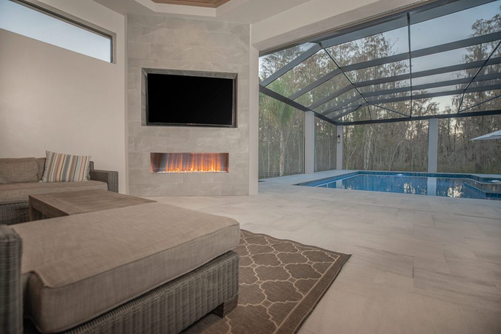 Outdoor Electric Fireplace With Tile Wall WEB