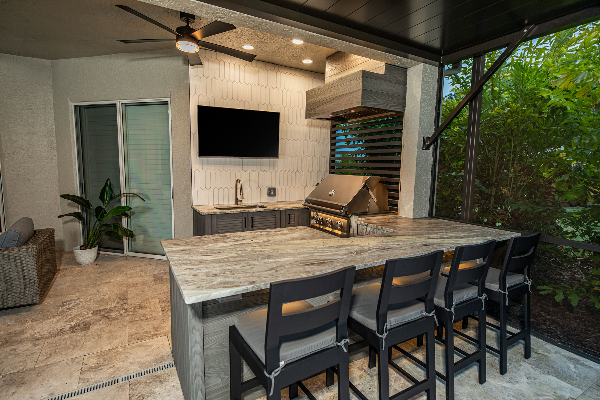 Custom Outdoor Kitchen with Gas Fire Pit and Landscape Lighting in ...