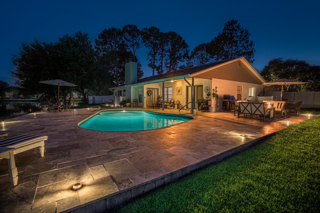 Travertine Patio With Patio Lighting Tampa Florida WEB