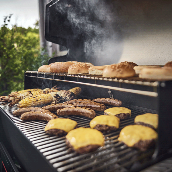 Weber Searwood XL 600 Pellet Grill Burgers and Hot Dogs