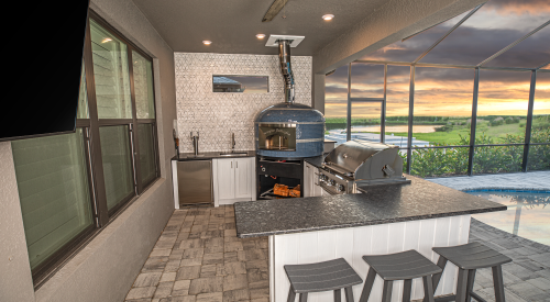 Custom Outdoor Kitchen With Pizza Oven and Tile Wall Sarasota Florida WEB