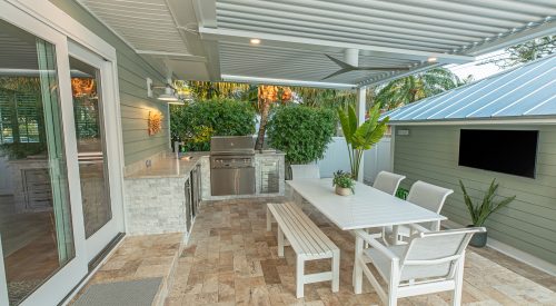 Custom Stone Outdoor Kitchen With Gas Grill Fridge and Keg St Petersburg Florida WEB